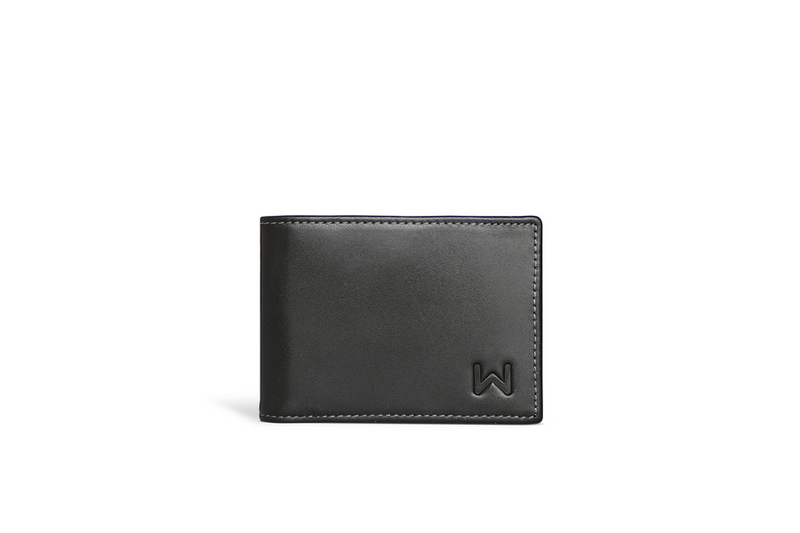 Men's dark leather wallet with W logo, front view
