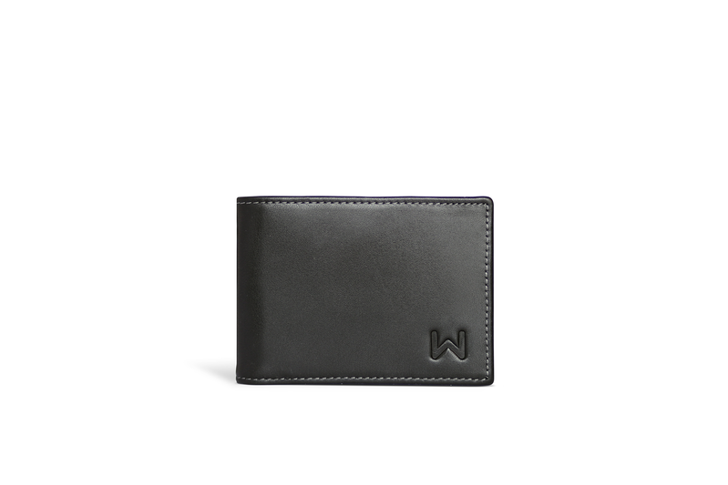 Men's dark bifold wallet with W logo on front