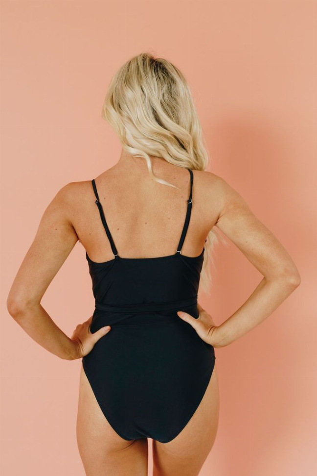 Black tie-detail one-piece swimsuit, back view with adjustable straps