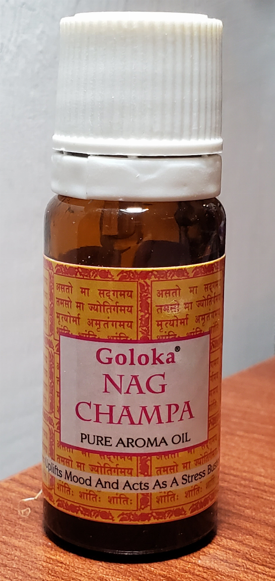 Goloka Nag Champa pure aroma oil bottle with white cap