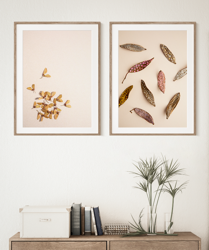 Two framed feather wall prints featuring gold, red, and pink feather shapes