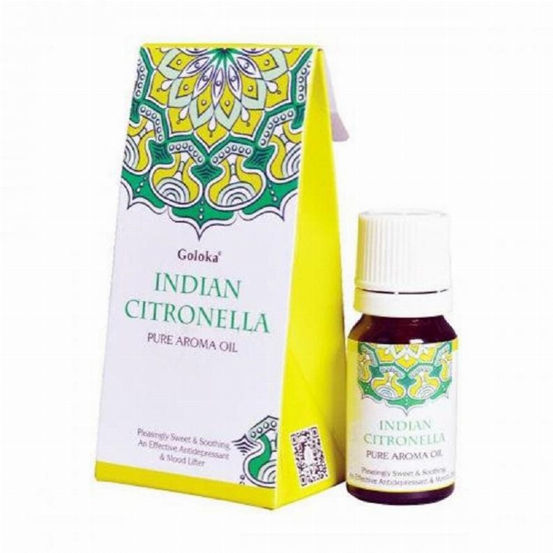 Goloka Indian Citronella pure aroma oil bottle and box, yellow label