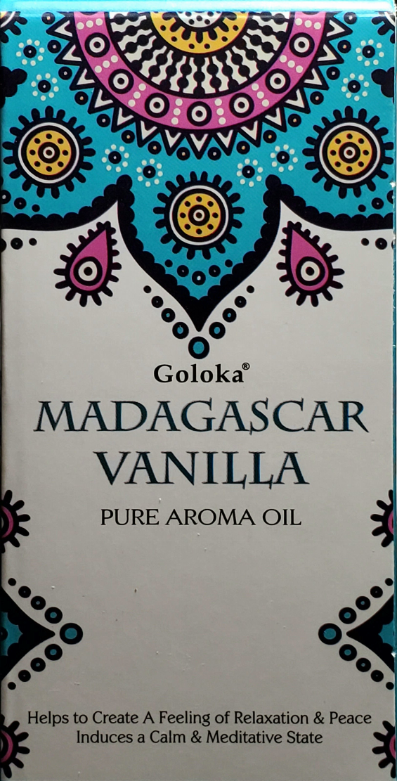 Goloka Madagascar Vanilla pure aroma oil box with blue paisley design