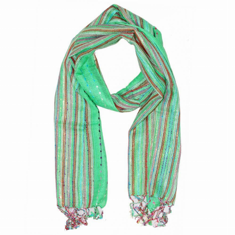 Multicolor vertical stripe lurex scarf in green tones, with tassel fringe