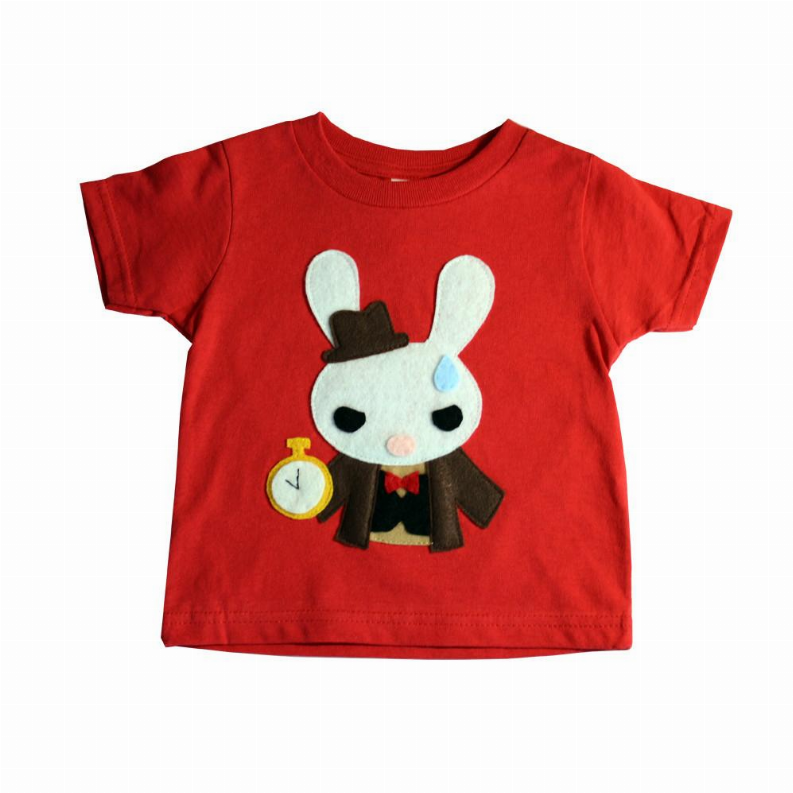 Kids red graphic T-shirt with white rabbit character and gold pocket watch on chest