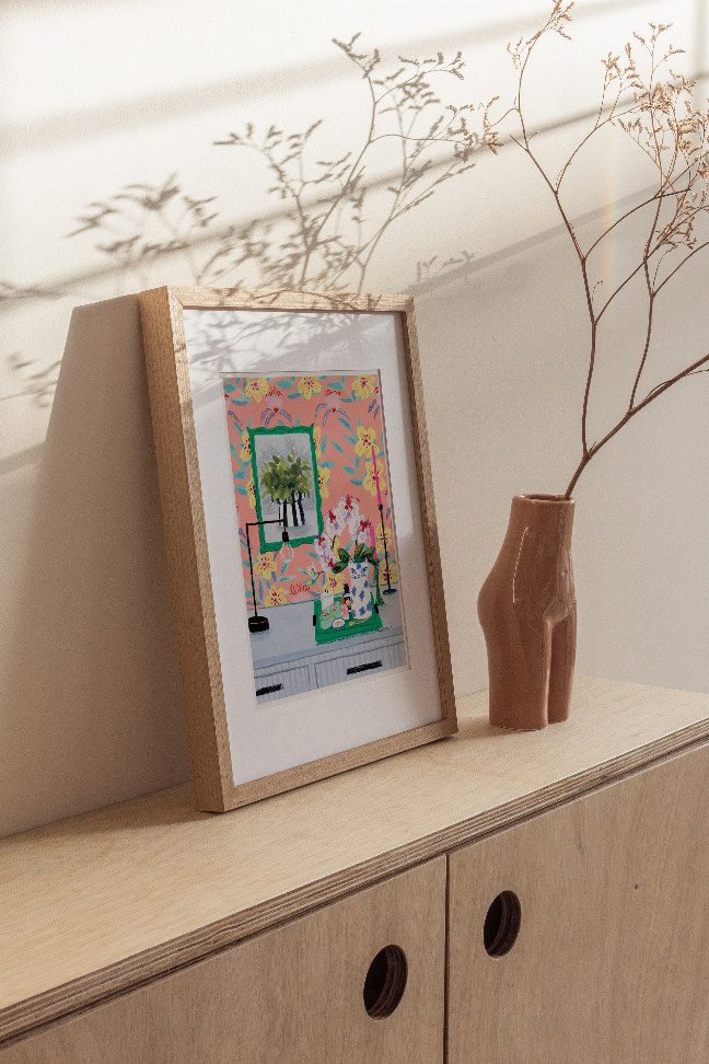 Light wallpaper with delicate branch pattern and tiny leaf accents