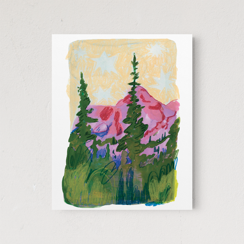 Framed colorful landscape art print with pine trees and mountains