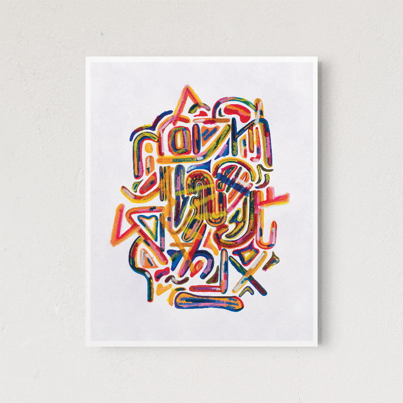 White-framed abstract graffiti-style wall art print with colorful lettering