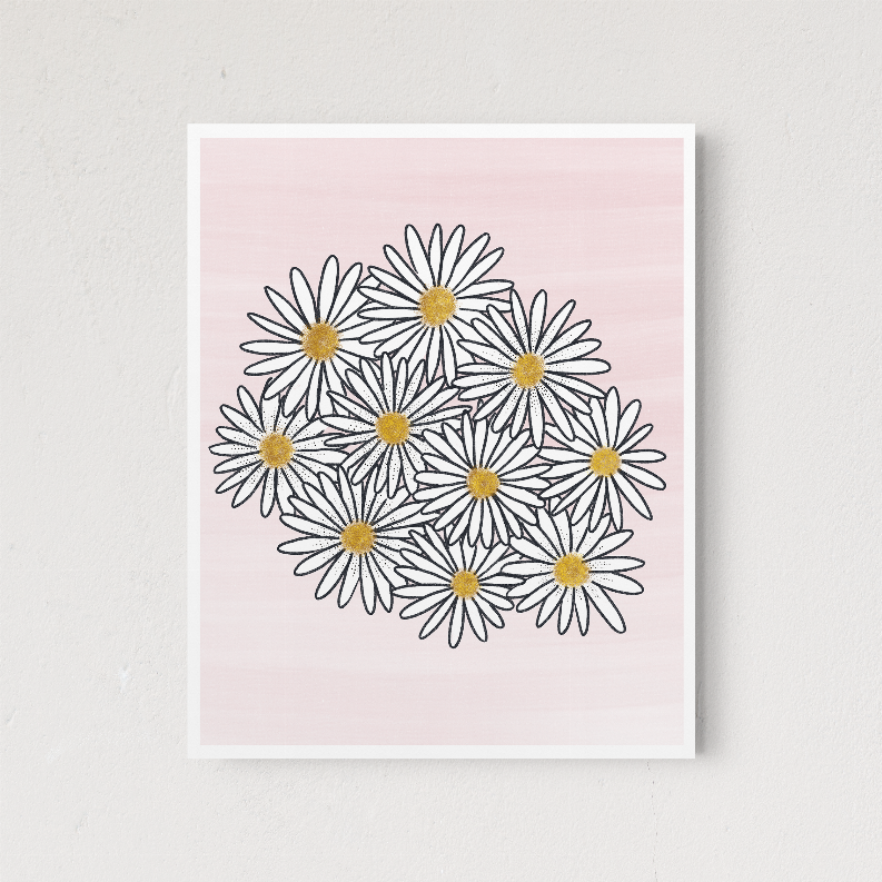 Pink daisy floral line art print with yellow centers, bordered in white