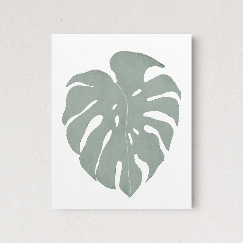 Green tropical leaf print with split lobes on white background