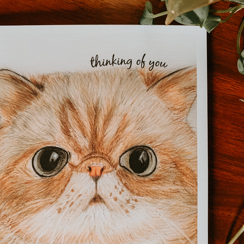 Close-up greeting card of orange tabby cat face with 'thinking of you' script