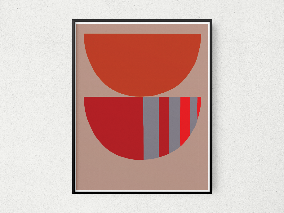 Framed abstract stacked art print with large red semicircle and gray-blue striped detail