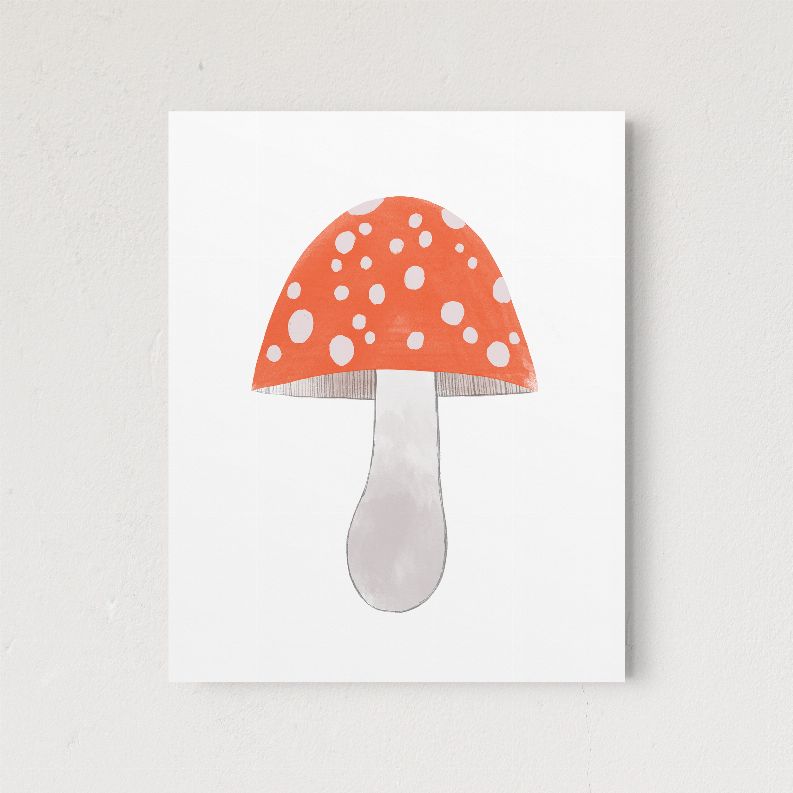 Orange mushroom illustration with white spots and gray stem, square wall print
