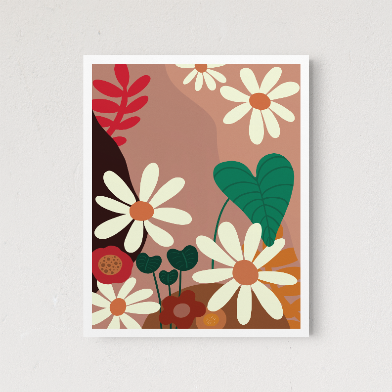 Framed floral wall art print with multicolor blooms, green foliage, and warm earth tones