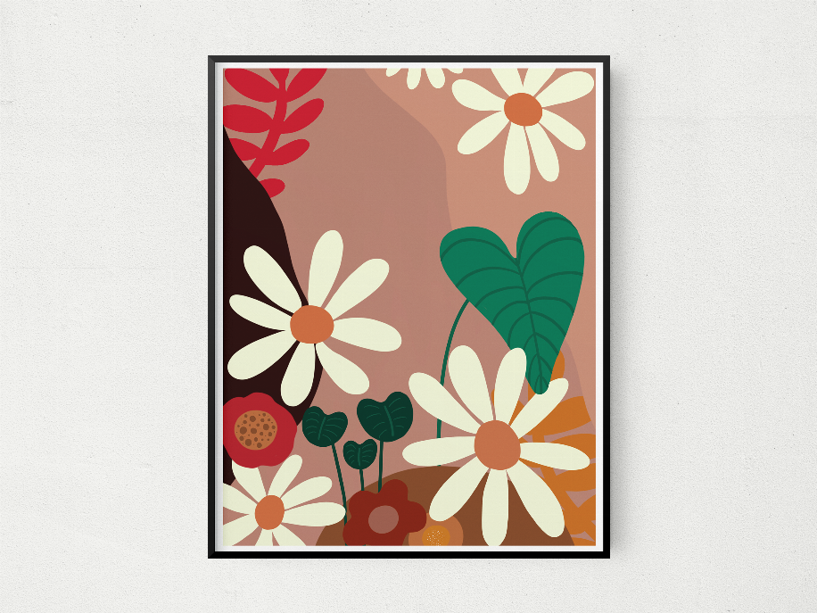 Framed floral wall art print showing cream flowers, red highlights, and green leaf shapes
