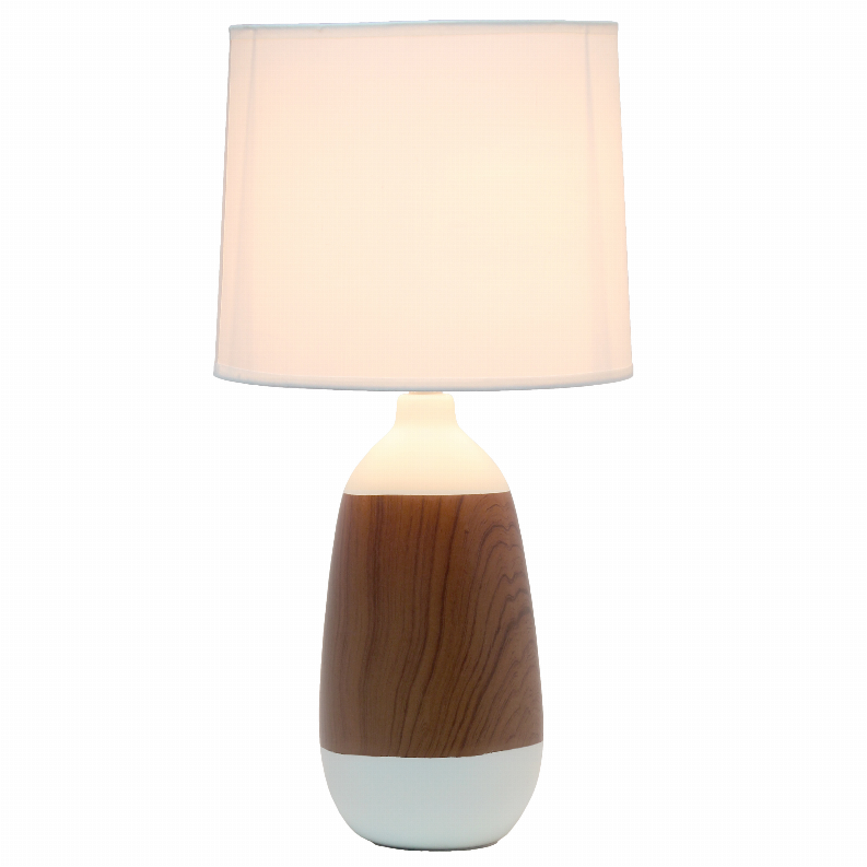 Ceramic oblong table lamp with dark woodgrain base and white fabric shade