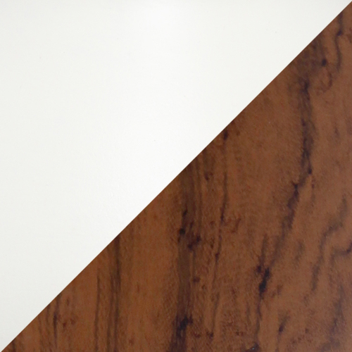 Close-up of ceramic lamp body with dark woodgrain finish and white trim