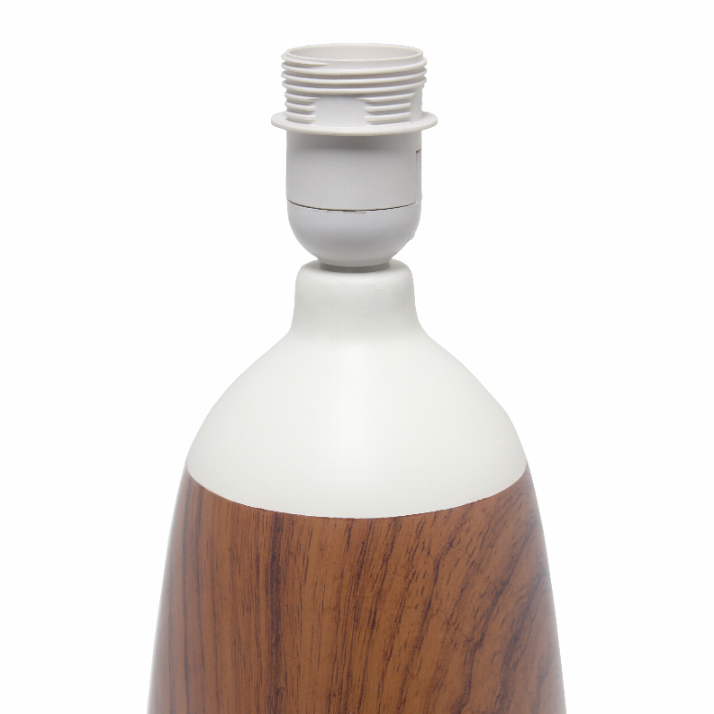 Ceramic lamp base top with stacked socket detail above woodgrain section