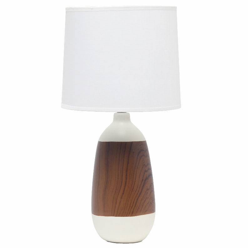 Ceramic oblong table lamp with white shade and woodgrain ceramic base
