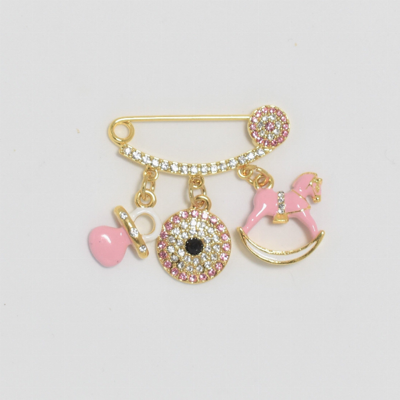 Gold baby pin with pink heart and glitter charms, including a rocking horse and round charm
