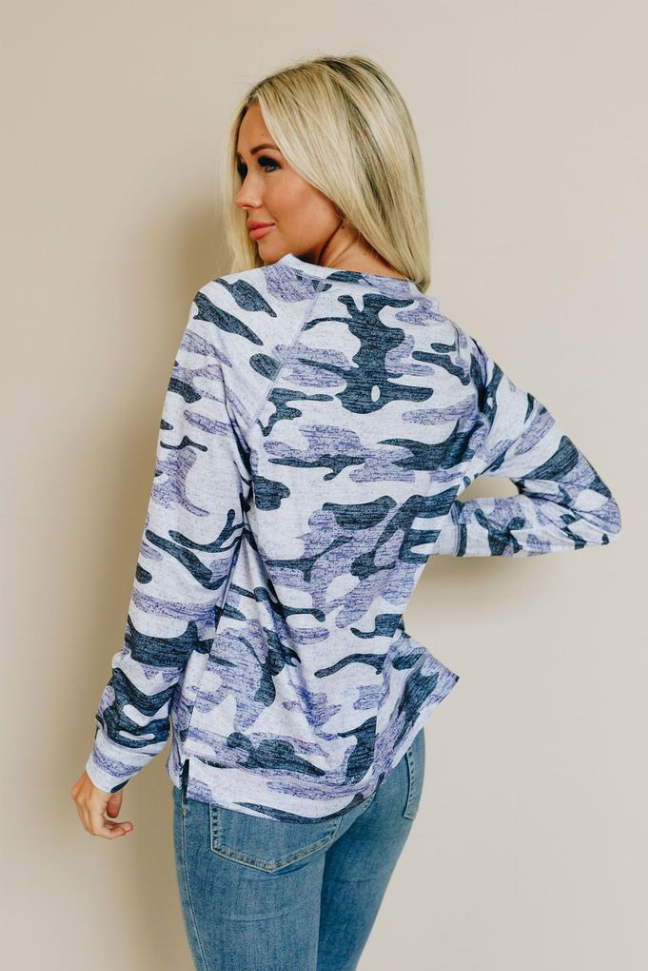Camo pullover top with blue-and-navy camouflage print, long sleeves, crew neck, back view