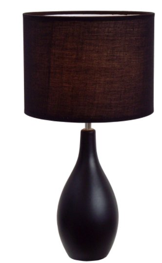Dark ceramic table lamp with fabric drum shade and teardrop base
