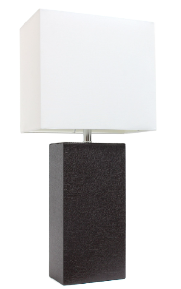 Modern table lamp with square white fabric shade and dark textured leather lamp base