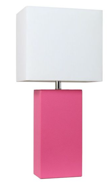 Modern table lamp with white fabric shade and pink textured rectangular base