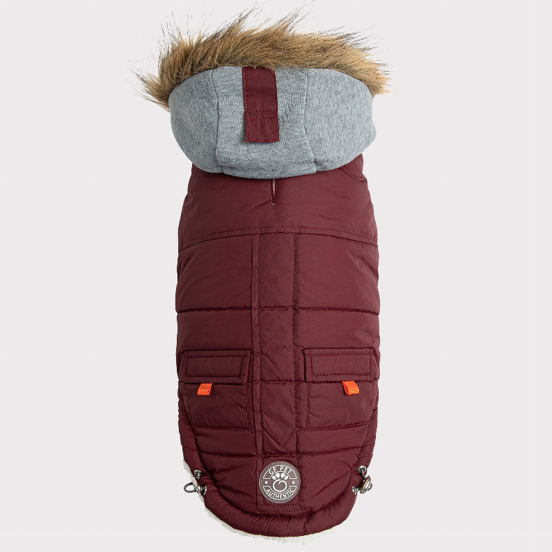 Back view maroon winter sailor dog parka with gray fur hood and embroidered logo