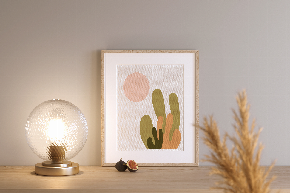 Framed desert cactus wall art with pink sun circle and multicolor green tan cacti