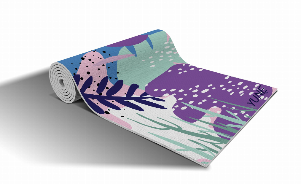 Colorful yoga mat roll with abstract botanical leaves and speckles, YUNL print