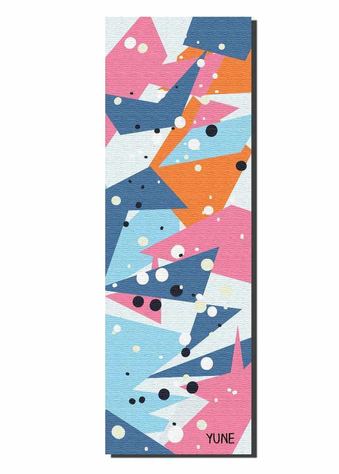 Abstract geometric yoga mat design with pink, blue, orange shapes and polka dots