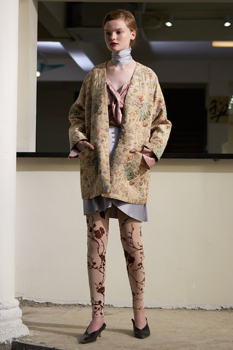Sheer-chiffon leggings in light beige with dark brown branch-and-bird print