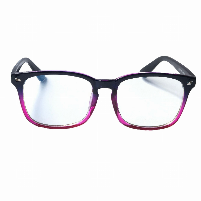 Rectangular blue light glasses, dark frame with purple rims (front view)