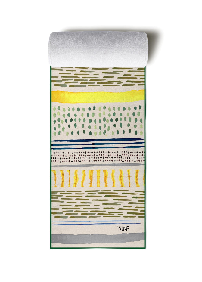 Yoga towel bundle, folded with green and yellow stripes, gray folded top