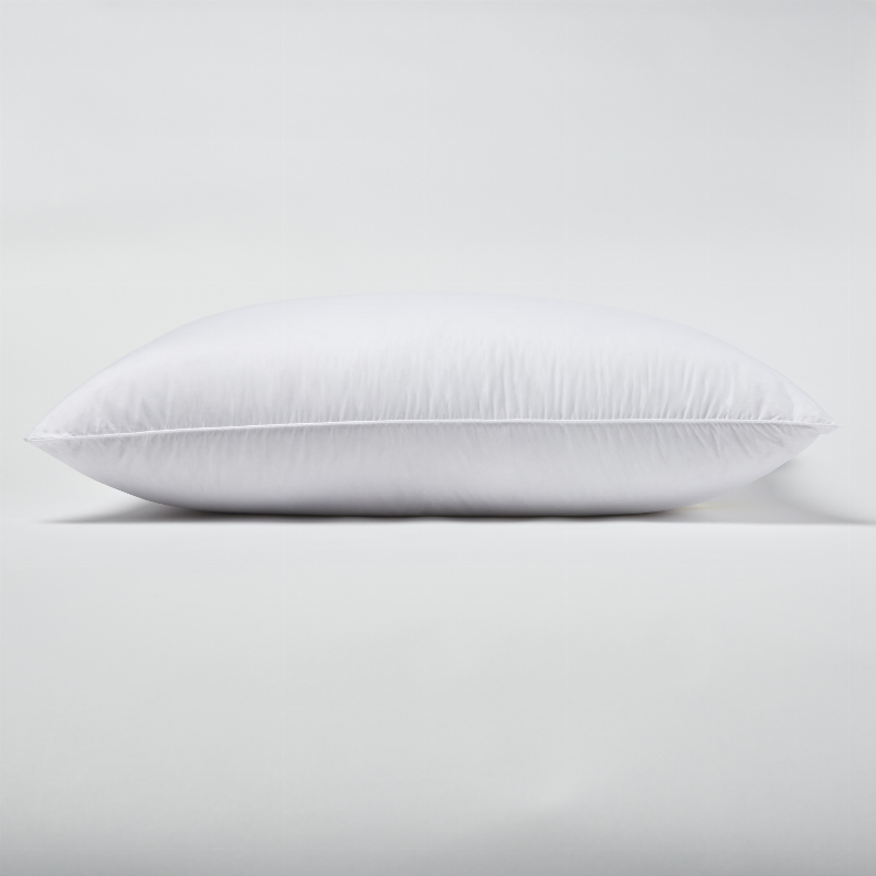 Hotel chamber pillow in white, smooth fabric, standard oval shape, front view