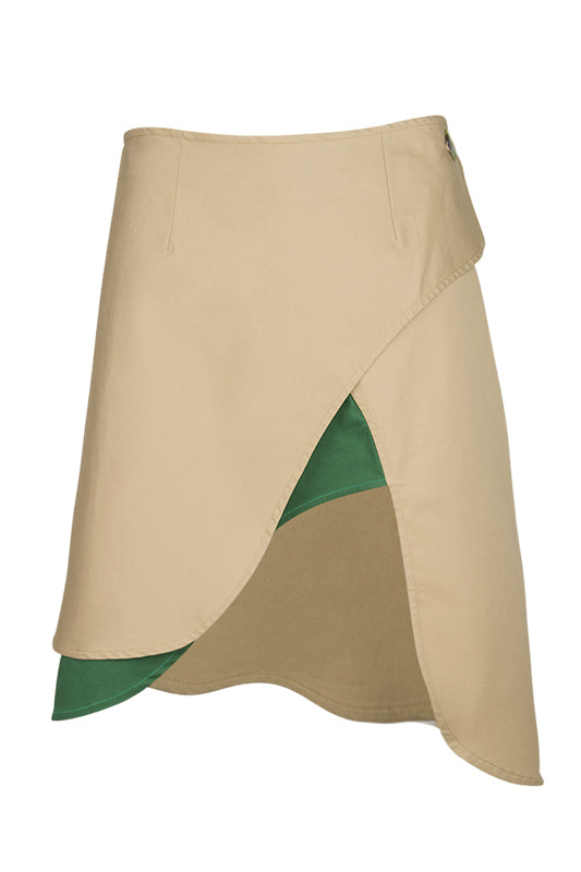 Khaki asymmetrical skirt with high front slit and green contrast underlayer
