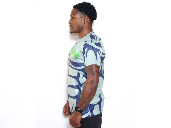 Light blue crew-neck T-shirt with navy abstract graphic print, short sleeves