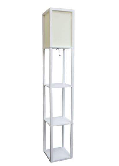 Lalia Home column shelf floor lamp with cream linen shade and three open shelves