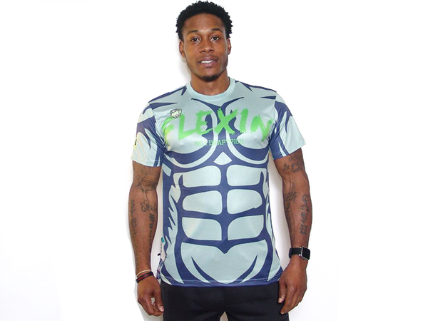 Men's graphic T-shirt in blue and white with green logo print, crew neck, short sleeves