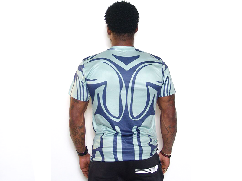Men's graphic T-shirt back with blue abstract print and green accents, crew neck