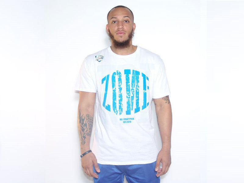 White T-shirt with big blue front graphic, crew neck short sleeves