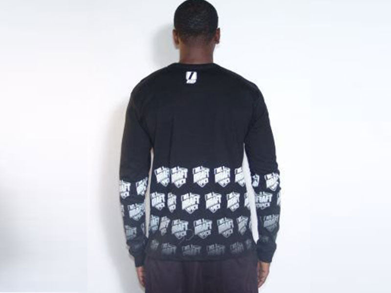 Black long sleeve crewneck T-shirt with white logo pattern across the back