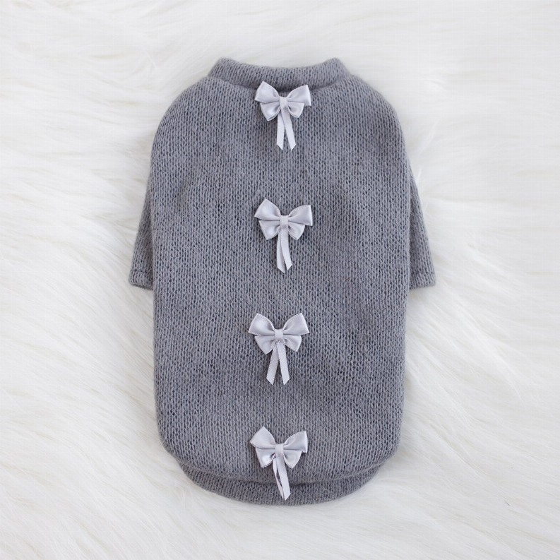 Gray knit pet sweater with three white bows at neckline and center front