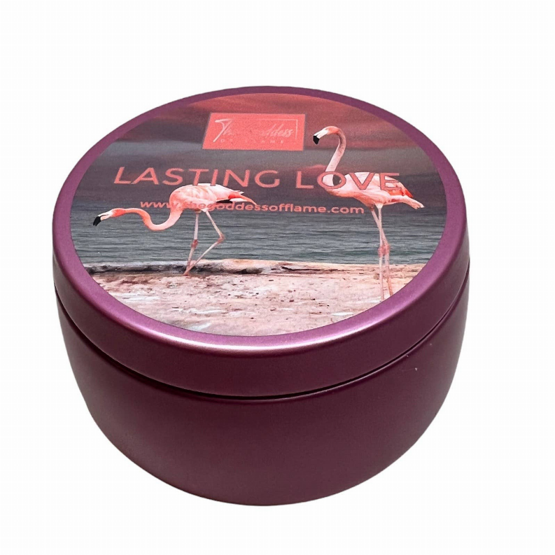 Pink candle tin lid with flamingo artwork and 'LASTING LOVE' text
