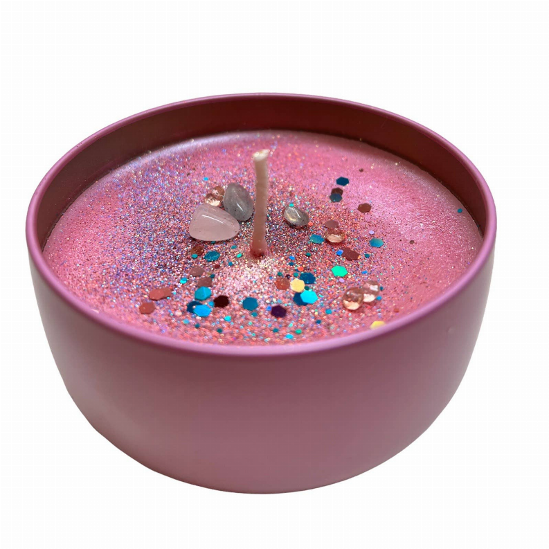 Pink candle jar with glittery pink wax, flamingo wick and confetti sprinkles
