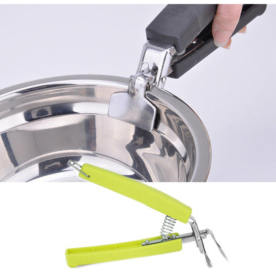Hot pot picker with spring clamp and lime handle, held over a stainless-steel pot