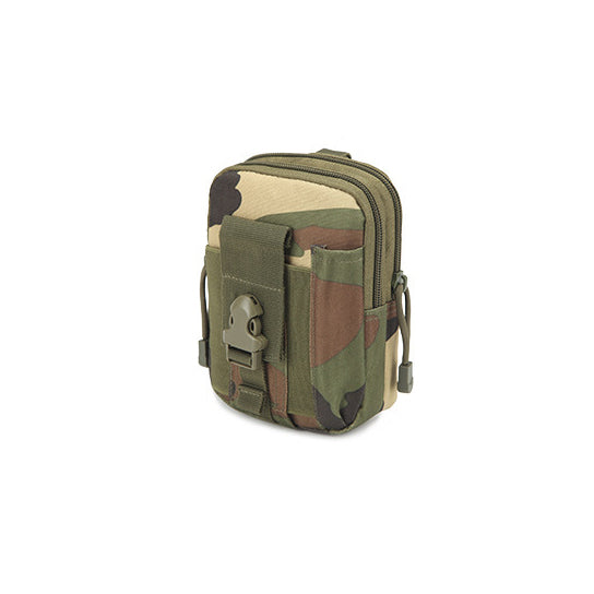 Waterproof carry-all pouch with green-brown camouflage, front snap panel and zipper top