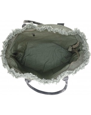 Olive tote with frayed lining and dark carry handles, showing inner compartment
