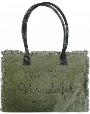 Olive tote with "Wonderful World" embroidery, dark handles, and frayed trim